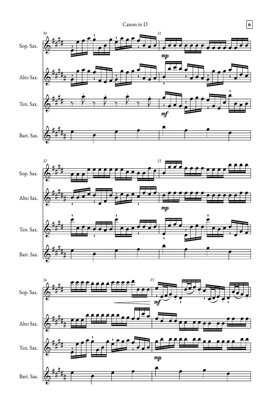 Canon in D Saxophone Quartet scores gallery preview page 6