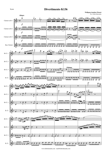Divertimento in D major K136 for Clarinet Quartet or Clarinet Choir image number null