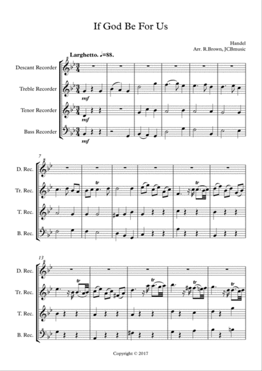 If God be for us (Handel's Messiah) recorder quartet Small Ensemble scores gallery preview page 1