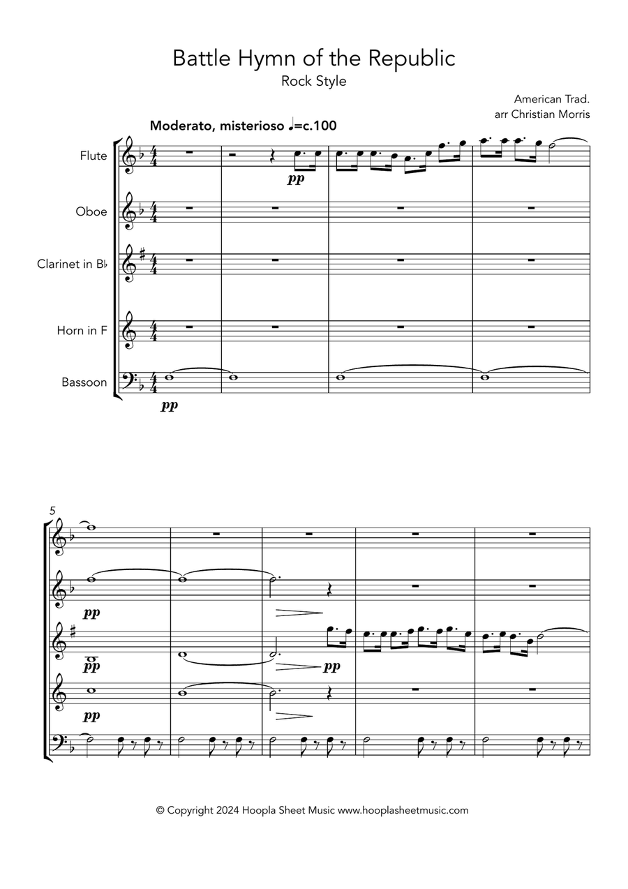 Battle Hymn of the Republic (Rock Style) Woodwind Quintet scores gallery preview page 1