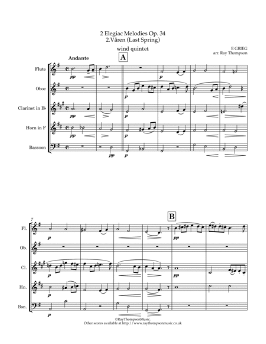 Grieg: 2 Elegiac Melodies Op.34 No.2 “Våren” (Last Spring) - wind quintet Woodwind Quintet scores gallery preview page 3