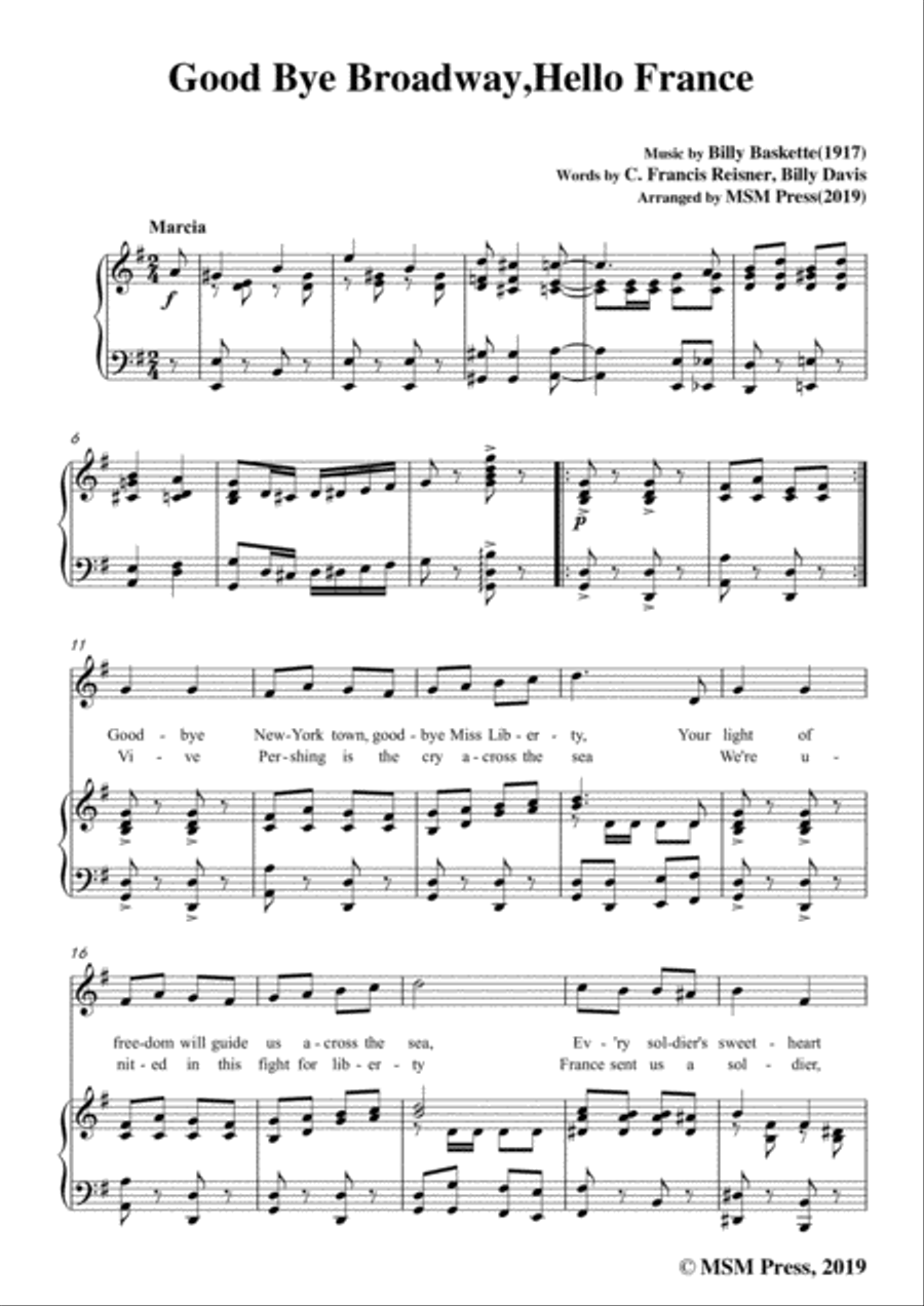 Billy Baskette-Good Bye Broadway,Hello France,in G Major,for Voice and Piano Voice Solo scores gallery preview page 3