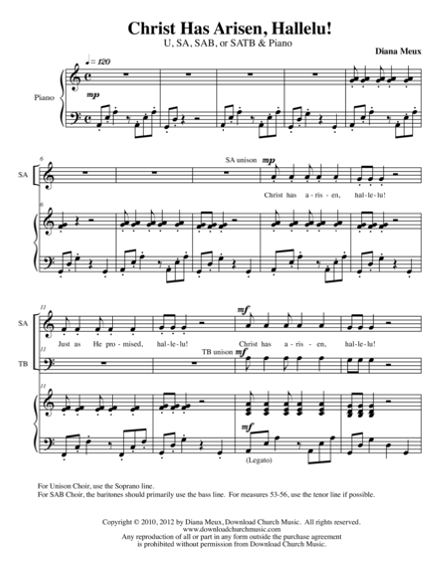 Christ Has Arisen, Hallelu! (U/2, SAB, or SATB Choir and Piano) 4-Part scores gallery preview page 1