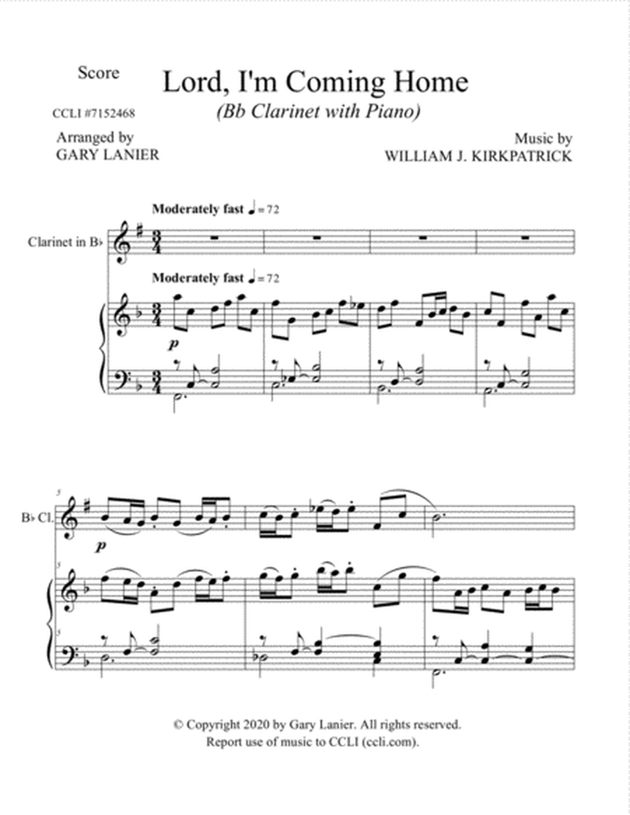 LORD, I'M COMING HOME (for Bb Clarinet and Piano with Score/Part) image number null
