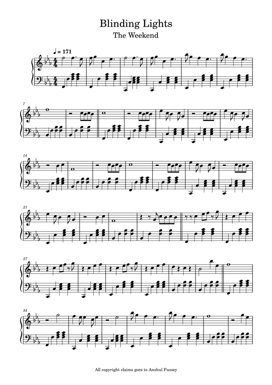Blinding Lights - Beginner / Intermediate Easy Piano scores gallery preview page 1
