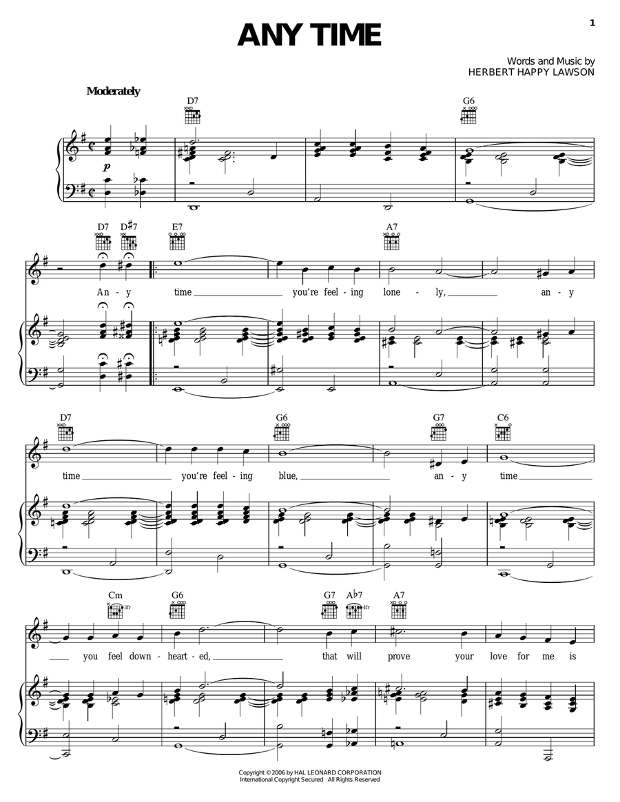 Any Time Any Time Piano, Vocal, Guitar scores gallery preview page 1