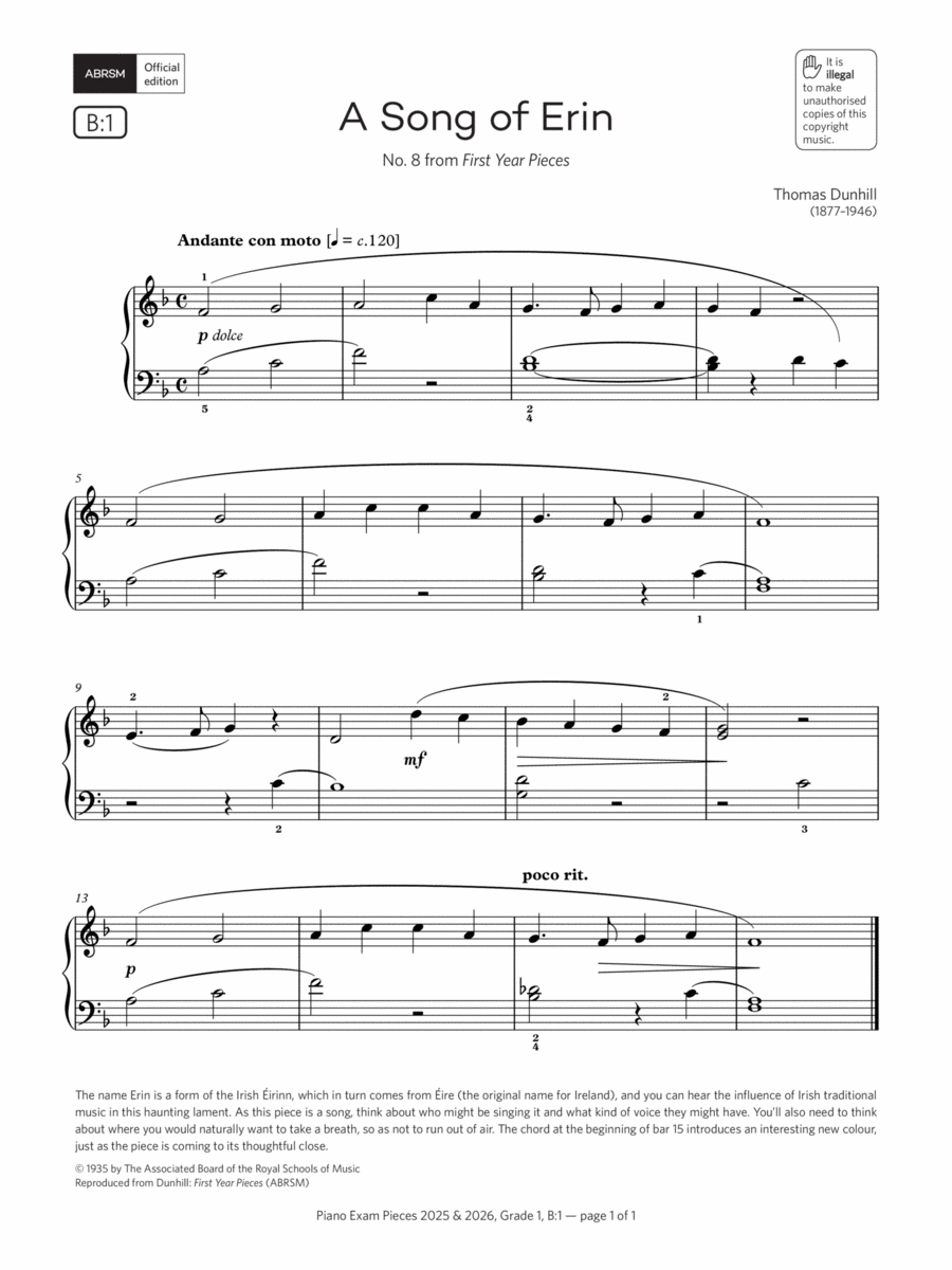 A Song of Erin (Grade 1, list B1, from the ABRSM Piano Syllabus 2025 & 2026) Piano Method scores gallery preview page 1