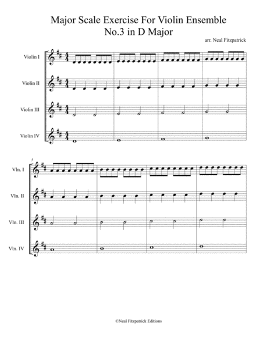 Major Scale Exercise For Violin Ensemble No.3 in D Major String Quartet scores gallery preview page 1