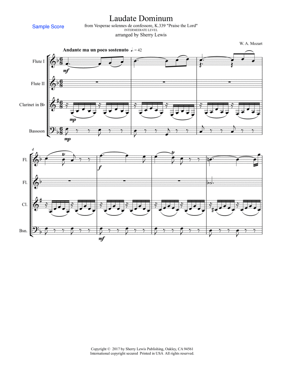 Laudate Dominum, Woodwind Quartet, Intermediate Level of 2 flutes, clarinet and bassoon image number null