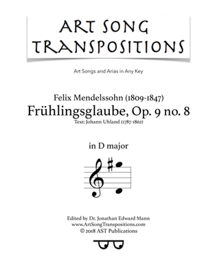 Book cover for MENDELSSOHN: Frühlingsglaube, Op. 9 no. 8 (transposed to D major)