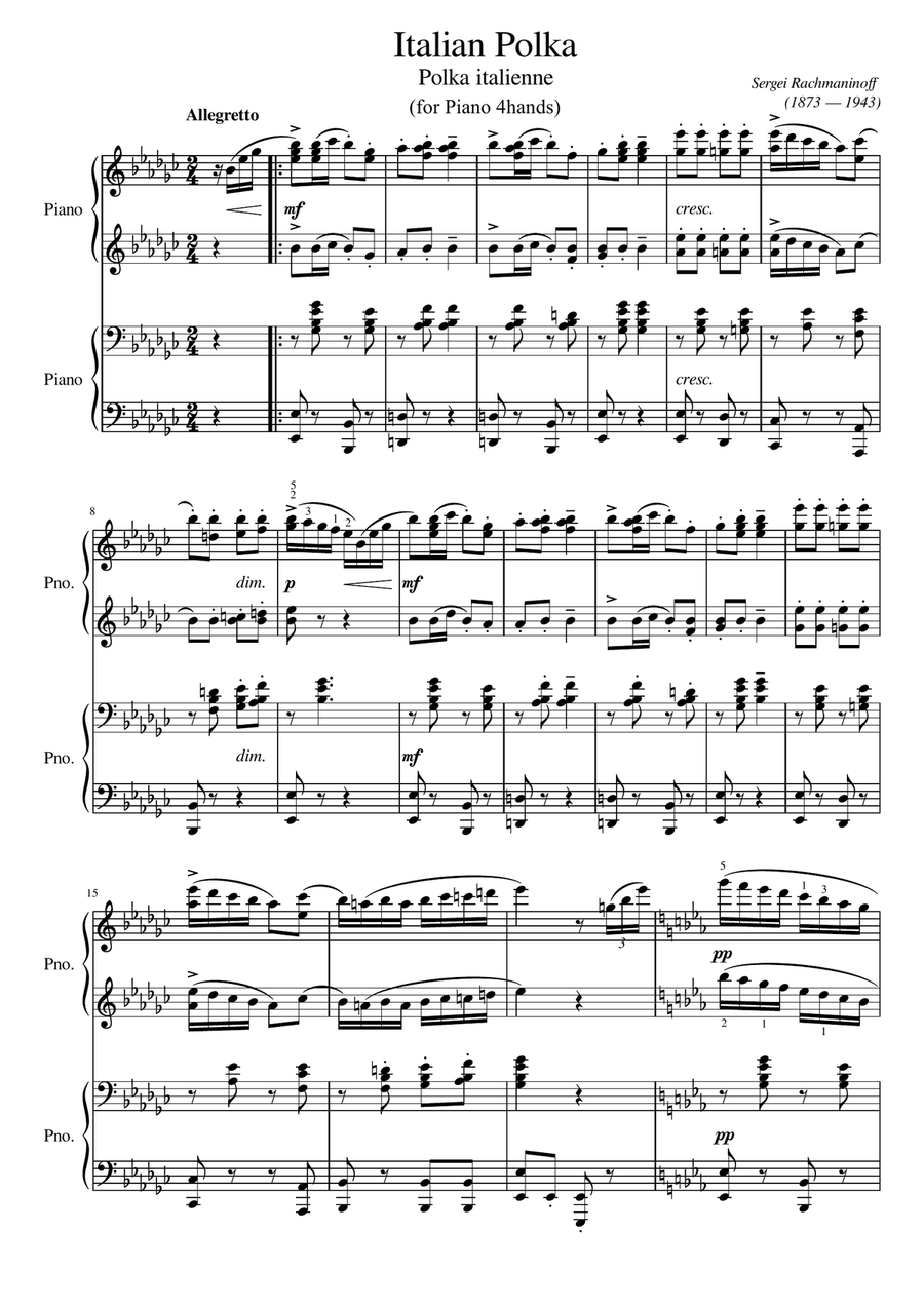 Book cover for Rachmaninoff - Italian Polka (Polka italienne) - Original With Fingering For Piano 4hands