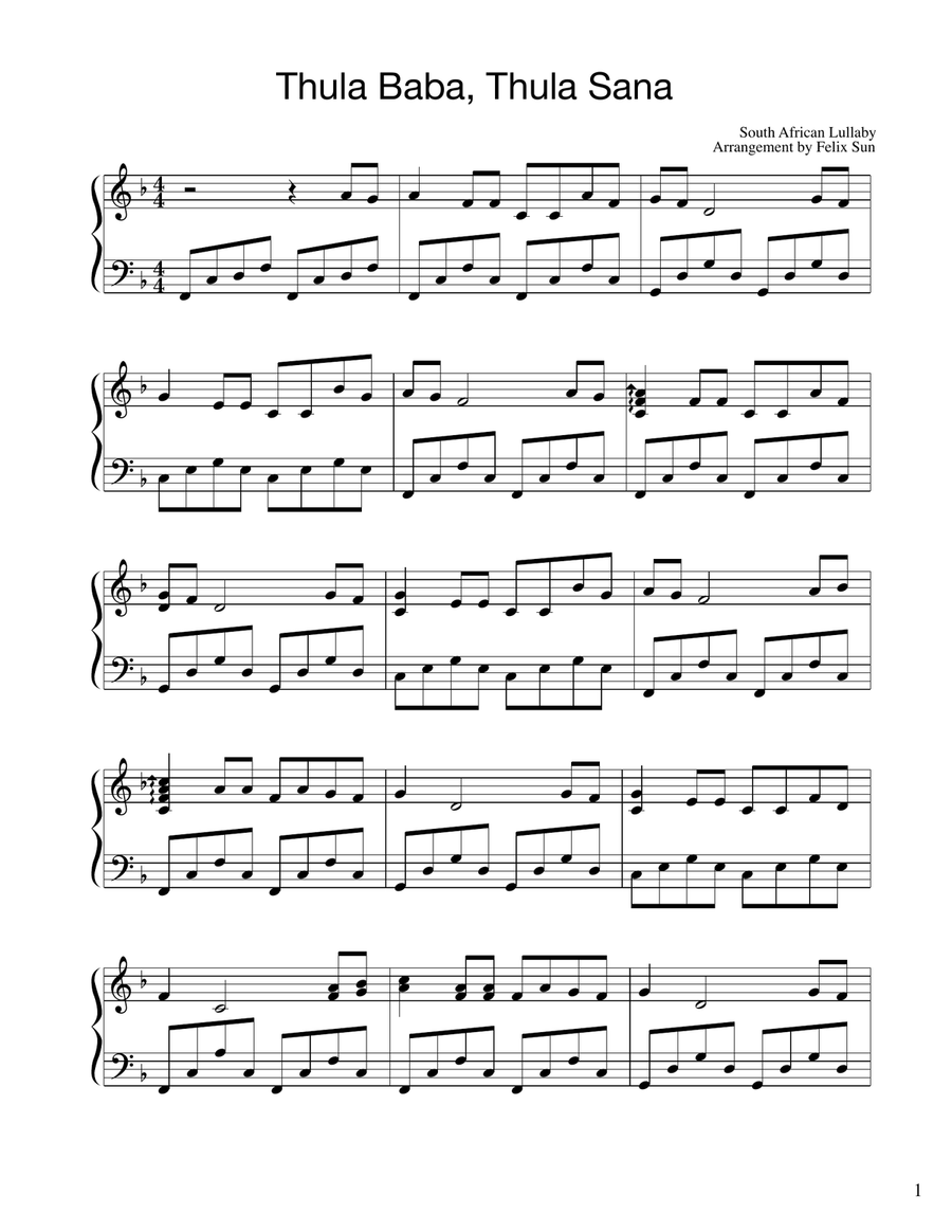 Thula Baba, Thula Sana (Piano Solo - South African Lullaby) Piano Solo scores gallery preview page 1