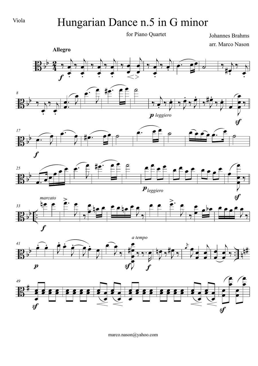 Brahms - Hungarian Dance n.5 in G minor for Piano Quartet Piano Quartet scores gallery preview page 3