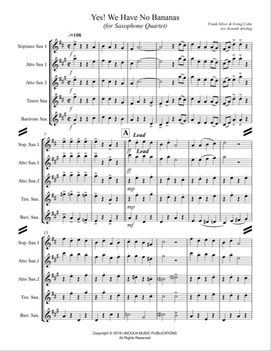 Yes! We Have No Bananas (for Saxophone Quartet SATB or AATB) Saxophone Quartet scores gallery preview page 2