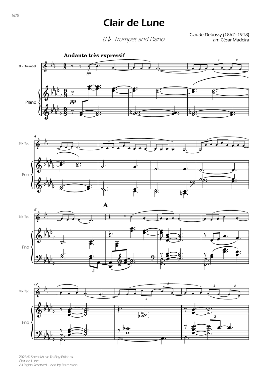 Clair de Lune by Debussy - Bb Trumpet and Piano (Full Score and Parts) B-Flat Trumpet scores gallery preview page 2