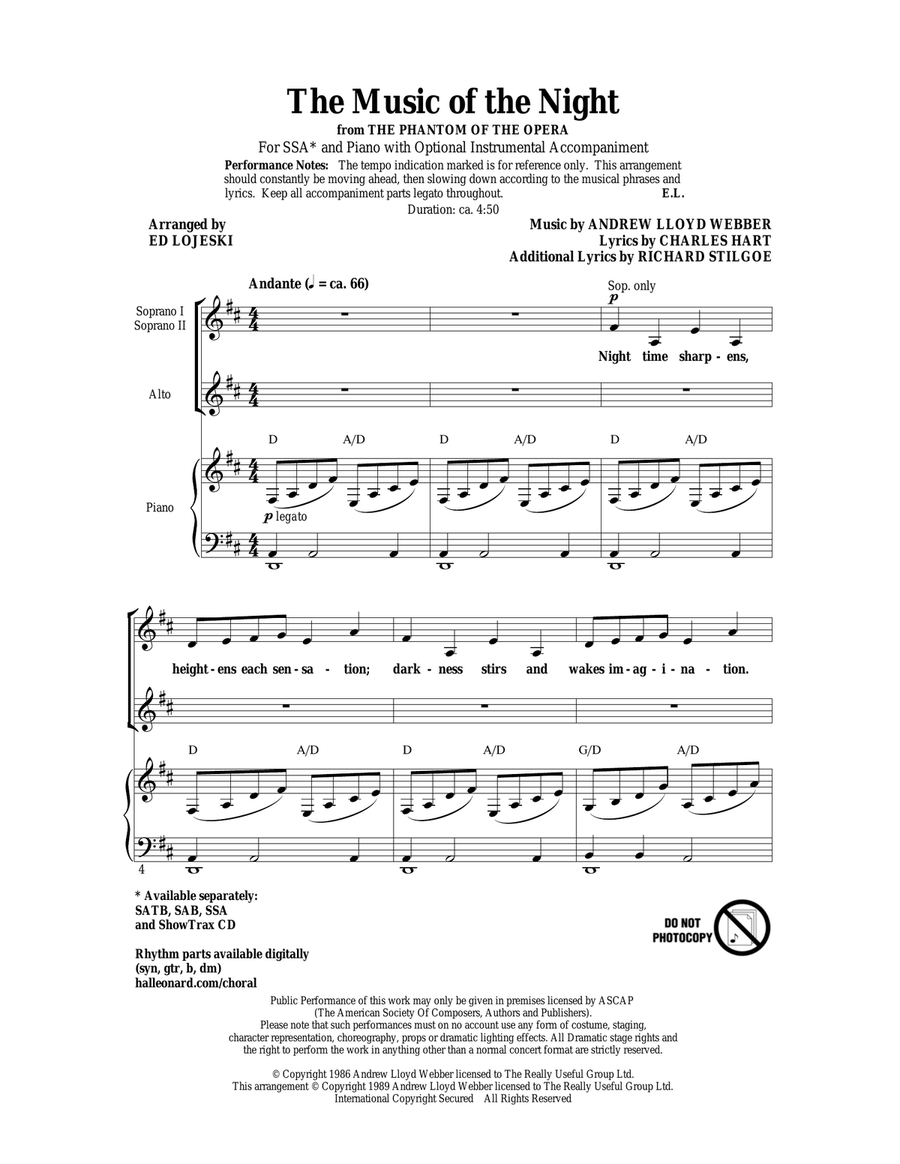 The Music Of The Night (from The Phantom Of The Opera) SSA scores gallery preview page 1