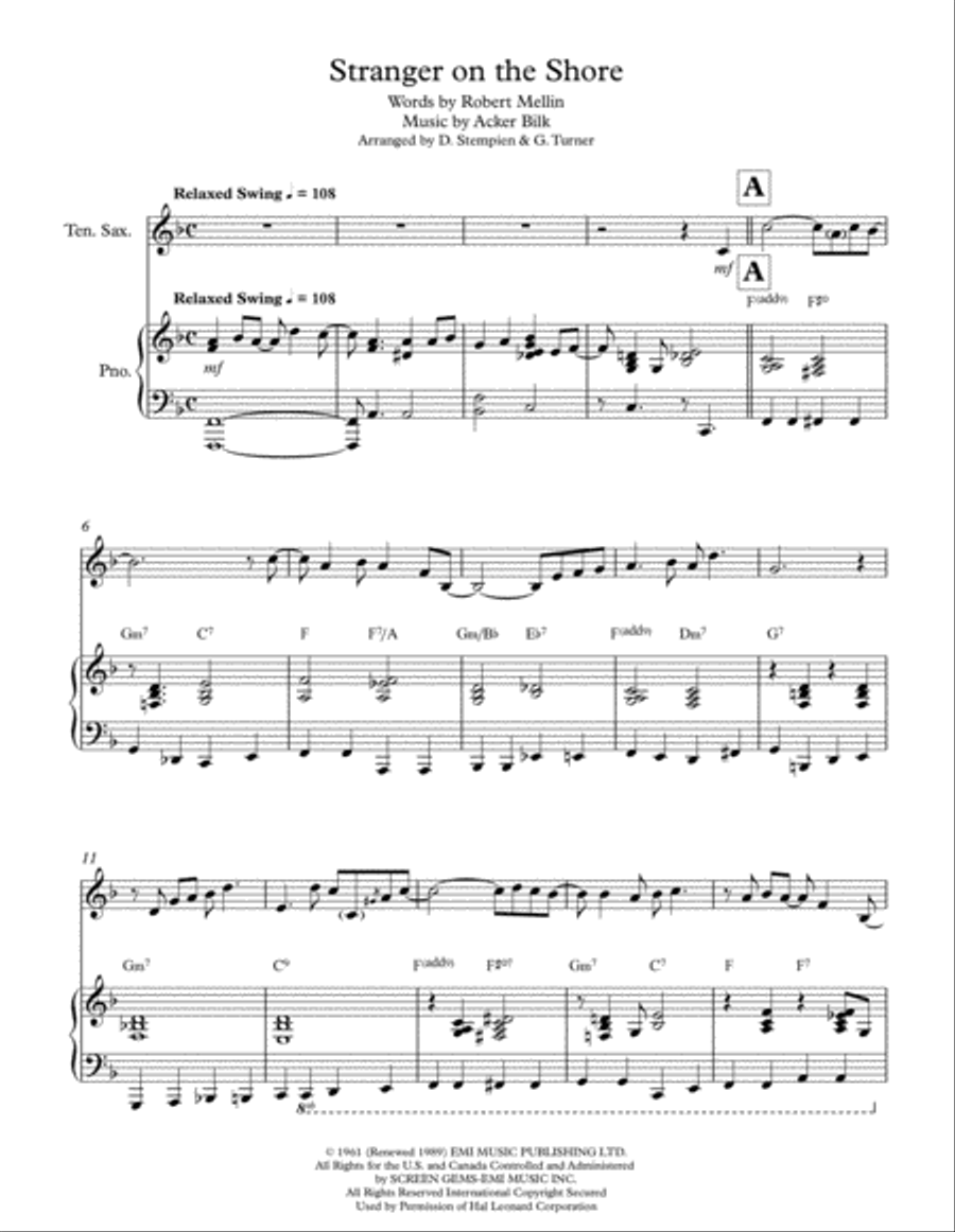 Stranger On The Shore Stranger On The Shore Tenor Saxophone scores gallery preview page 1