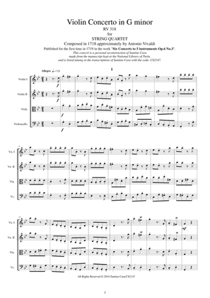 Book cover for Vivaldi - Violin Concerto in G minor RV 318 Op.6 No.3 for String Quartet
