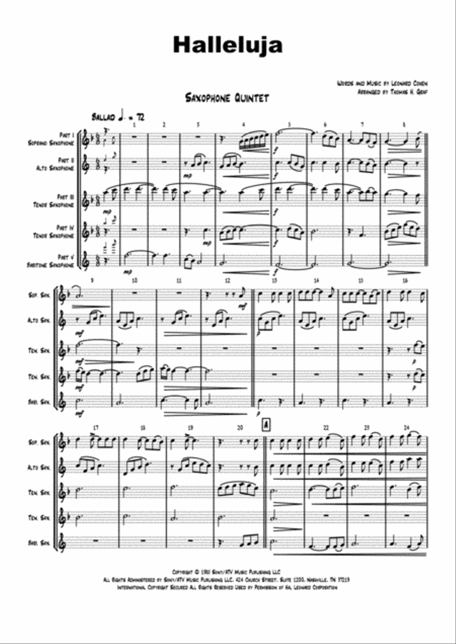 Hallelujah Saxophone Quintet scores gallery preview page 1