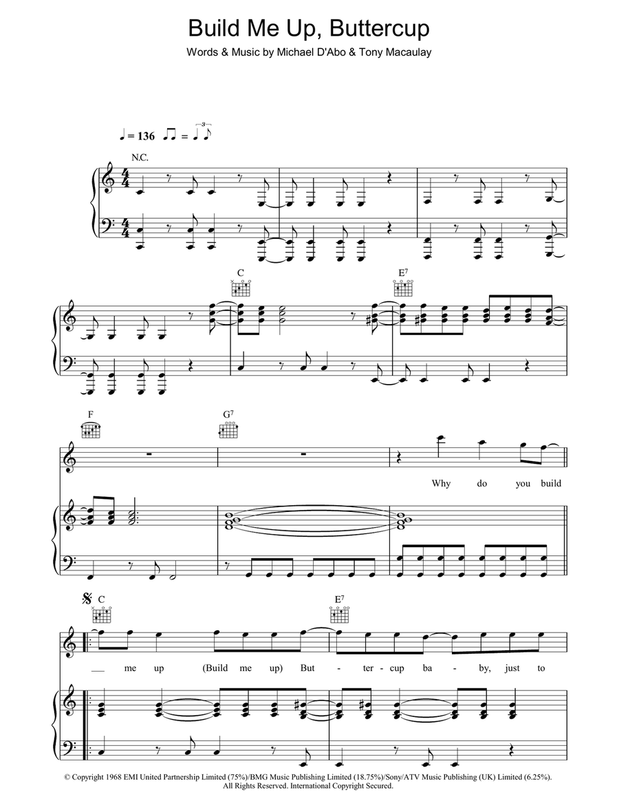 Build Me Up, Buttercup Piano, Vocal, Guitar scores gallery preview page 1