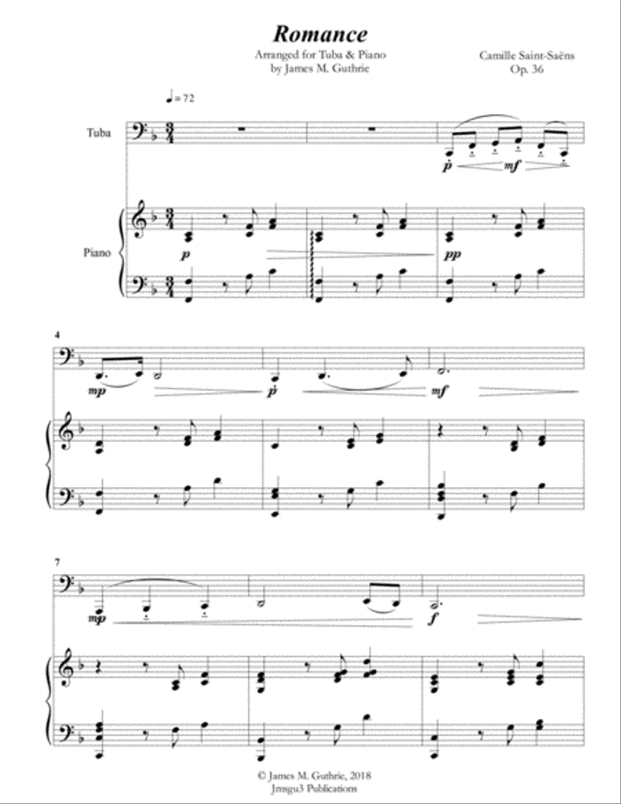 Saint-Saens: Romance for Tuba & Piano Tuba scores gallery preview page 1