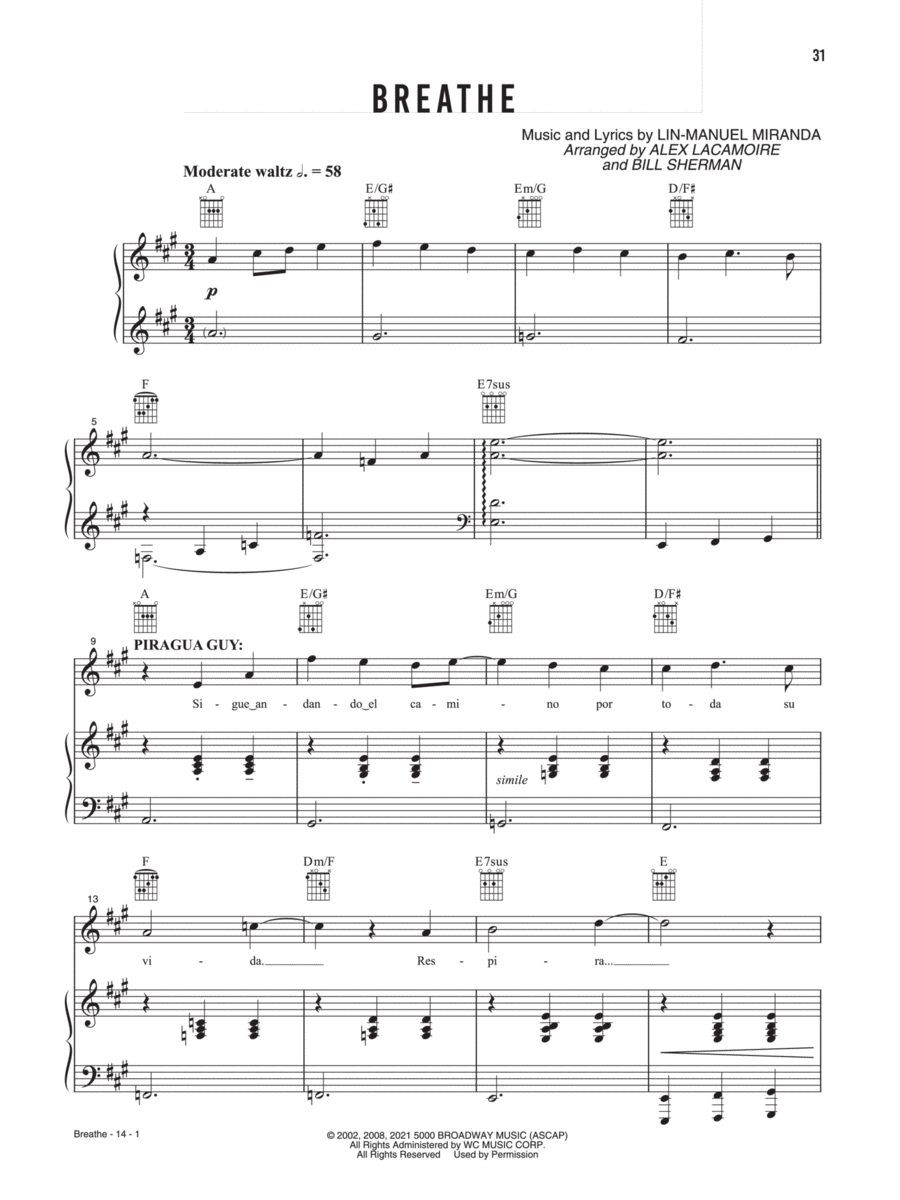 Breathe (Music from the Original Motion Picture Soundtrack, In The Heights) Piano, Vocal, Guitar scores gallery preview page 1