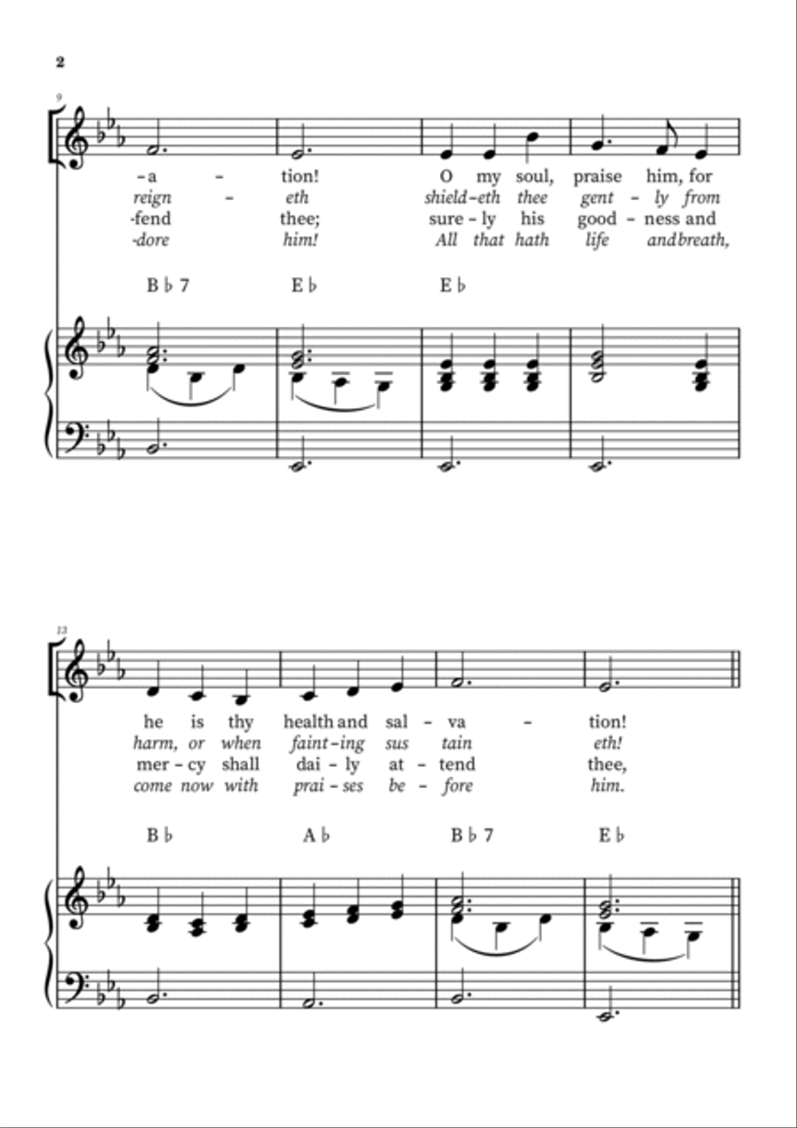 Praise To The Lord, The Almighty – Voice with Piano Accompaniment (E Flat Major) Voice scores gallery preview page 2