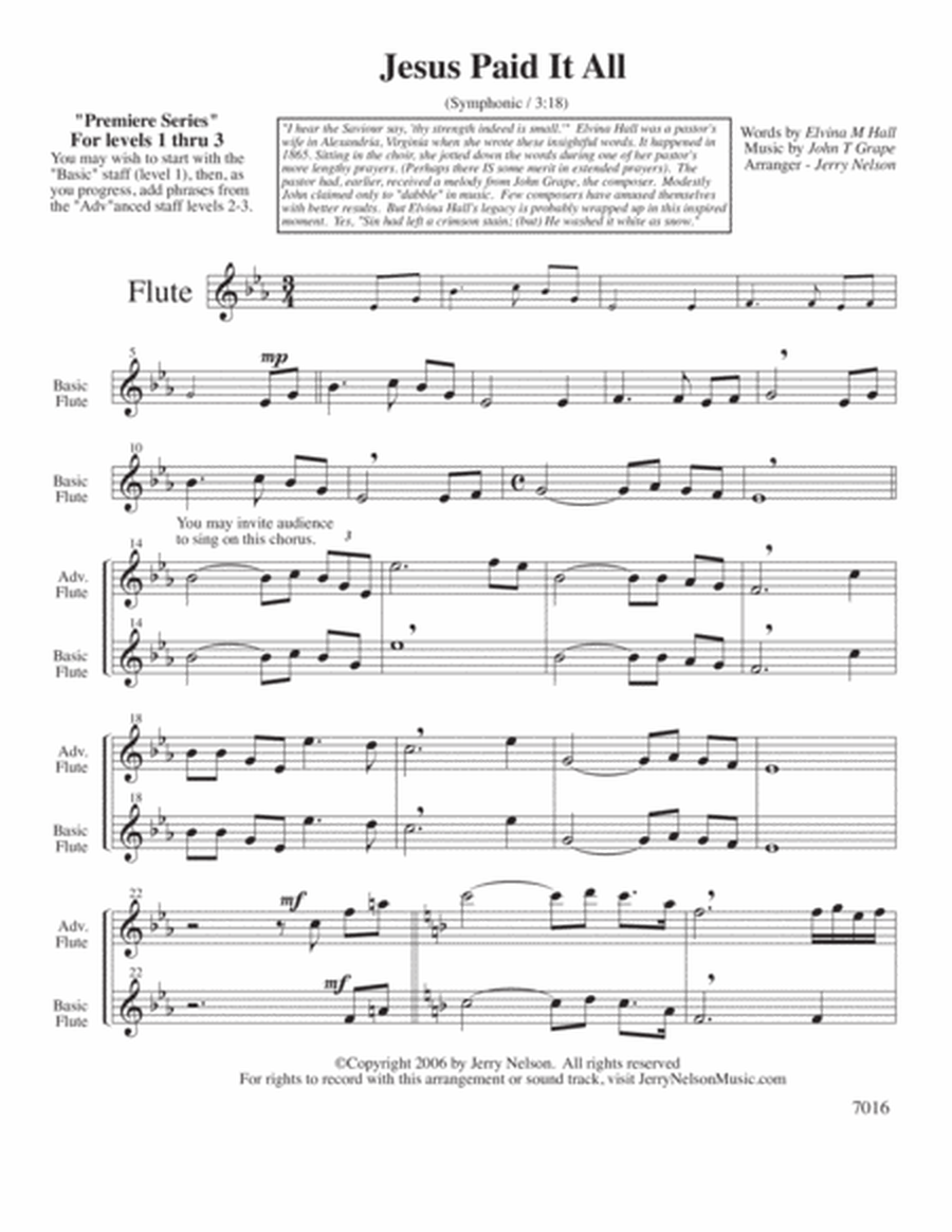 Jesus Paid It All (Arrangements Level 1-3 for FLUTE + Written Acc) Hymn image number null