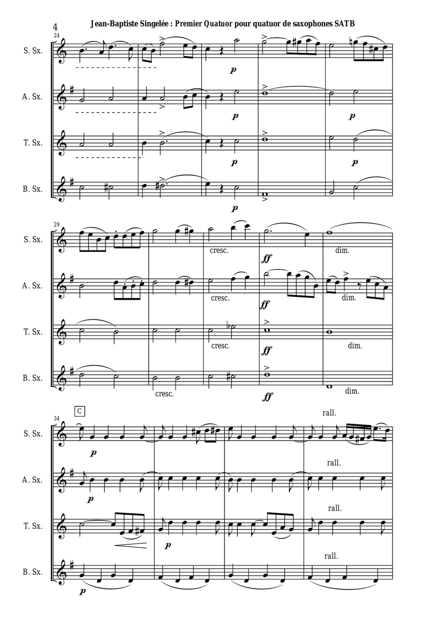 Jean-Baptiste Singelée: Premier Quatuor opus 53 pour quatuor de saxophones SATB ou ensemble de saxo Woodwind Quartet scores gallery preview page 4