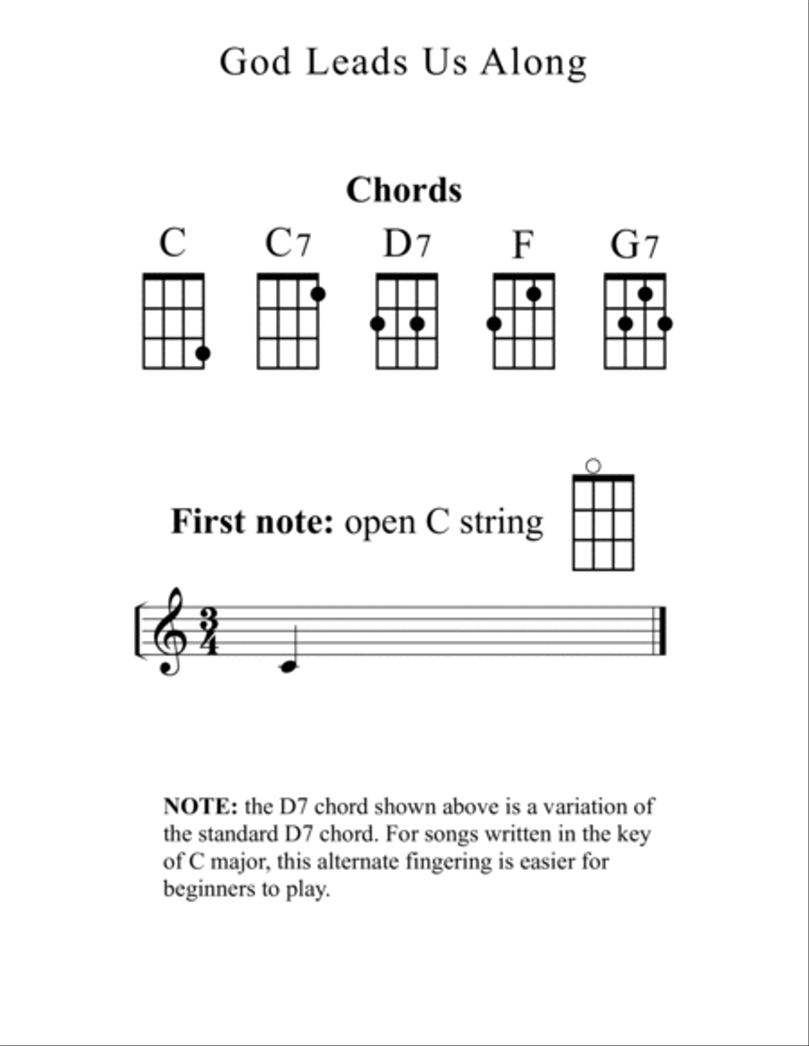 God Leads Us Along for Ukulele (Chords, TAB, Melody, and Lyrics, optional Piano Accompaniment) High Voice scores gallery preview page 4
