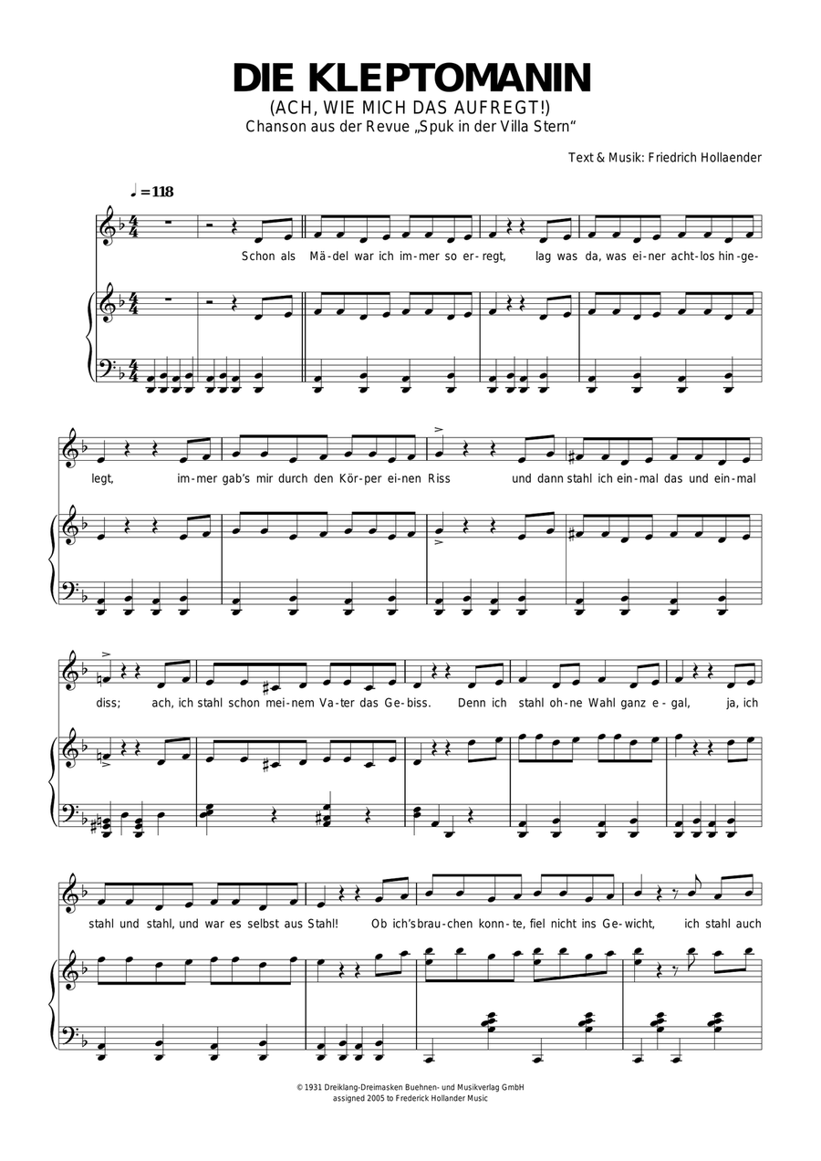 Die Kleptomanin (Ach, Wie Mich Das Aufregt!) Piano, Vocal scores gallery preview page 1