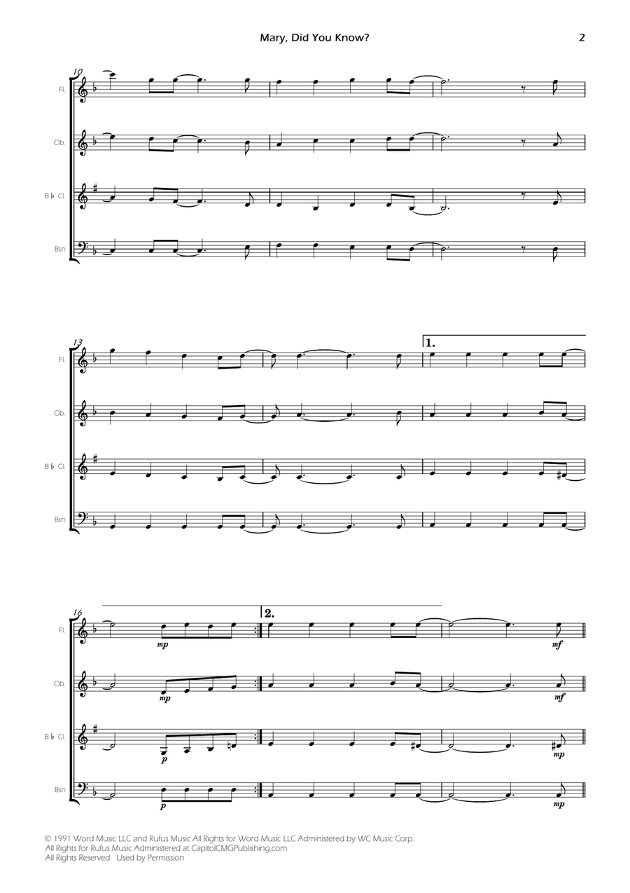 Mary, Did You Know? - Score Only Woodwind Quartet scores gallery preview page 2