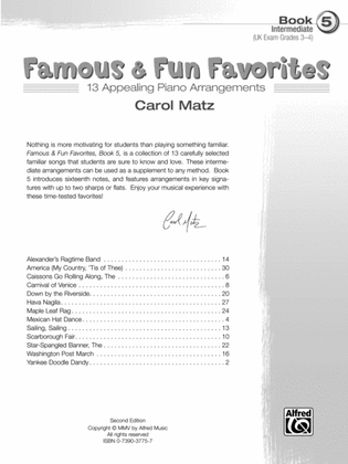 Book cover for Famous & Fun Favorites, Book 5: 16 Appealing Piano Arrangements