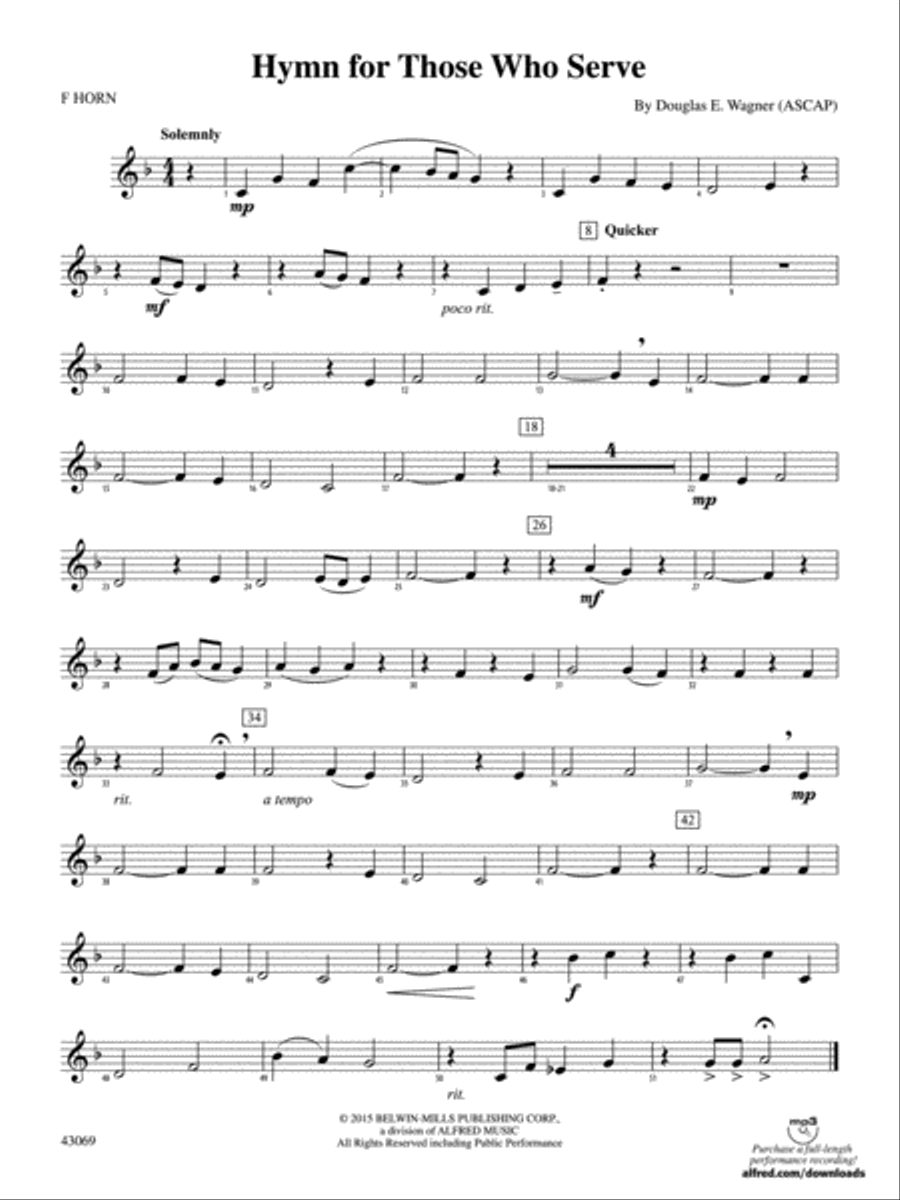 Hymn for Those Who Serve: 1st F Horn Concert Band scores gallery preview page 1