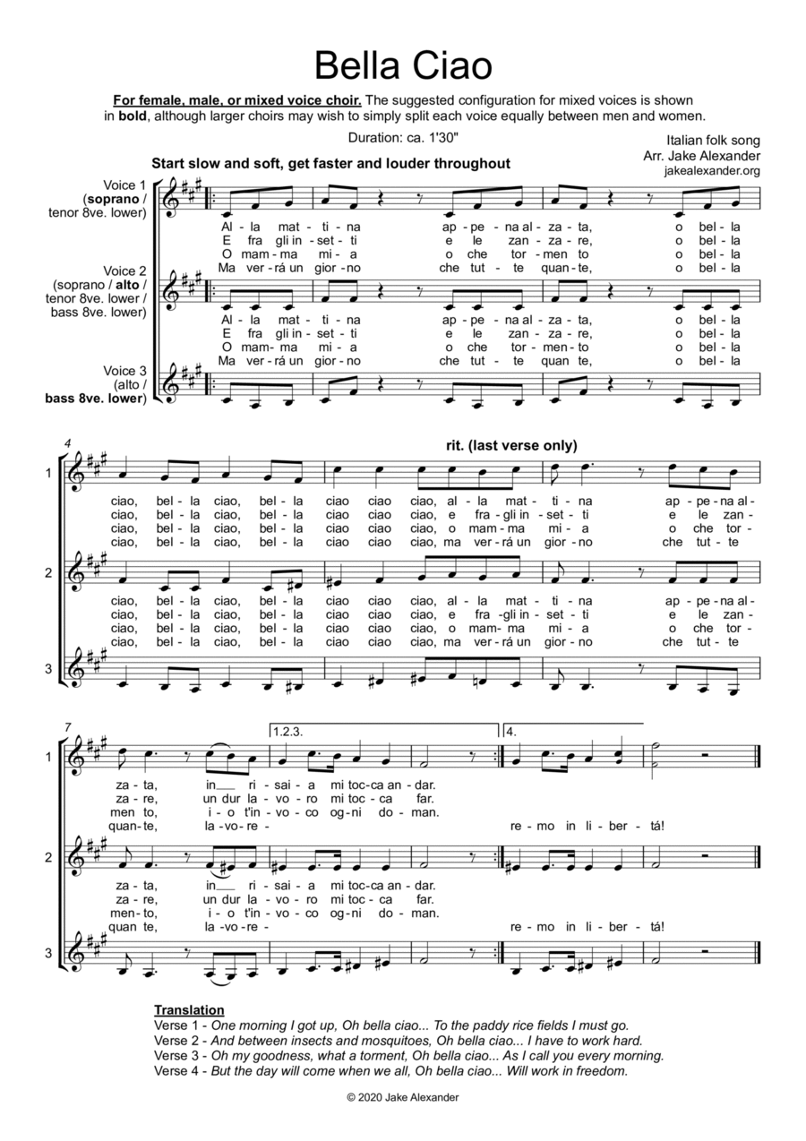 Bella Ciao - SSA/TBB/SAB a cappella SSA scores gallery preview page 1