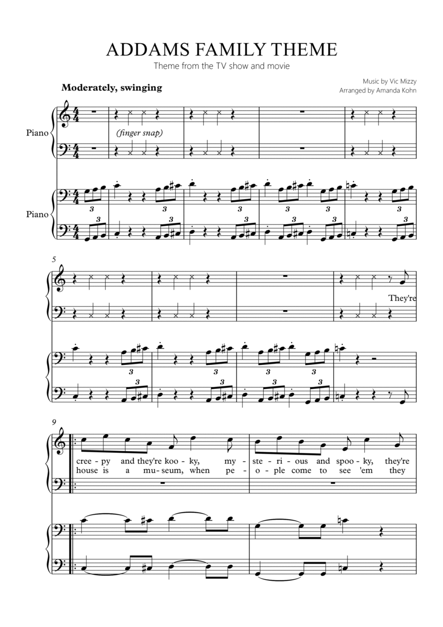 Addams Family Theme Addams Family Theme Easy Piano scores gallery preview page 1