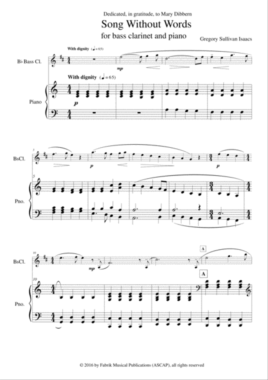 Gregory Sullivan Isaacs: Song Without Words for Bb bass clarinet and piano Bass Clarinet scores gallery preview page 2