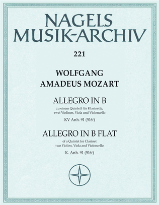 Allegro zu einem Quintett. Fragment mit Erganzung B flat major, KV Anh 91 (516 c)