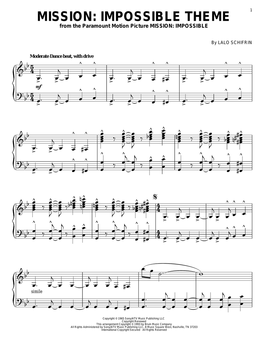 Mission: Impossible Theme Piano Solo scores gallery preview page 1
