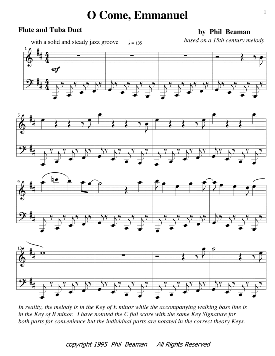 O Come, Emmanuel - jazz flute and tuba Flute scores gallery preview page 1