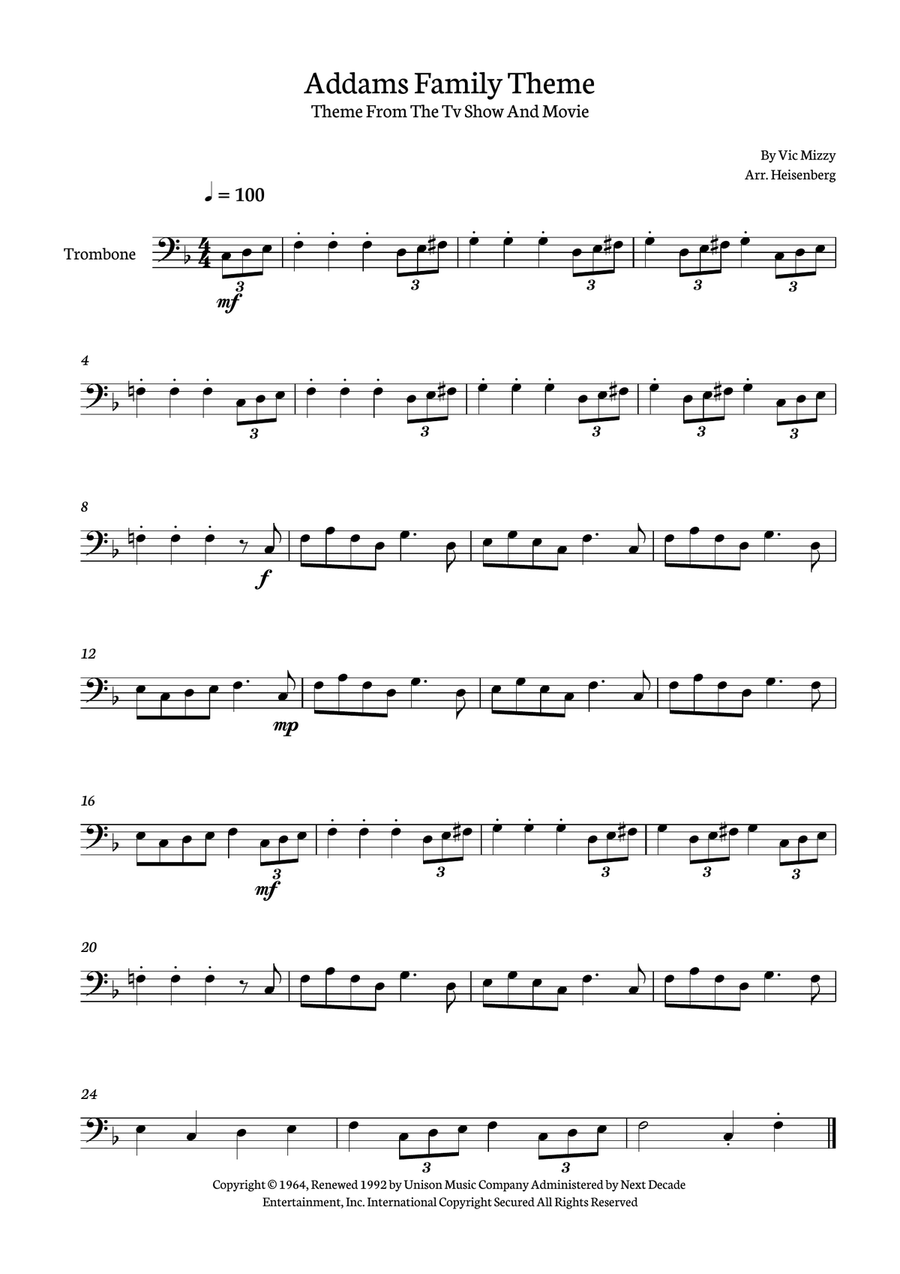 Addams Family Theme Addams Family Theme Trombone Solo scores gallery preview page 1