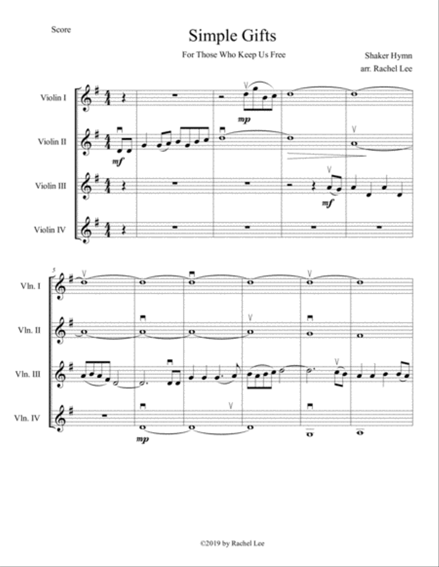 Simple Gifts for Violin Quartet Violin Solo scores gallery preview page 1