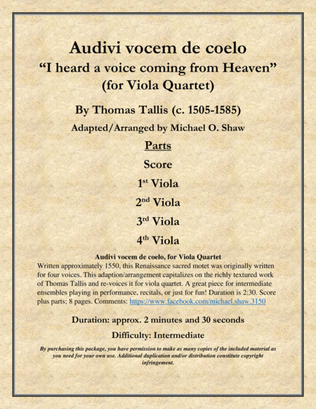 Book cover for Audivi vocem de coelo "I heard a voice coming from Heaven" by Thomas Tallis for Viola Quartet