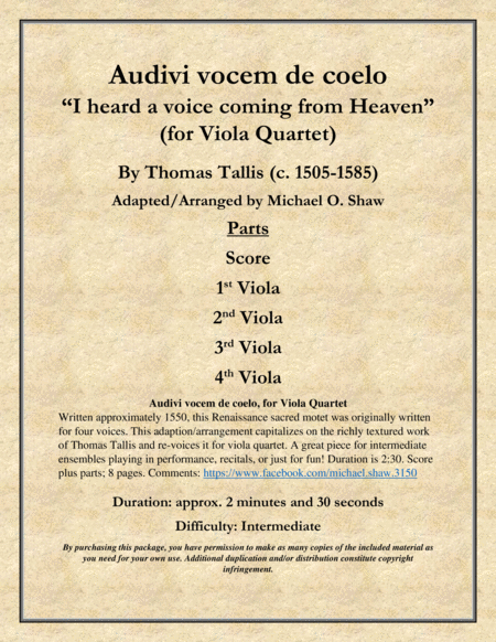 Audivi vocem de coelo "I heard a voice coming from Heaven" by Thomas Tallis for Viola Quartet image number null