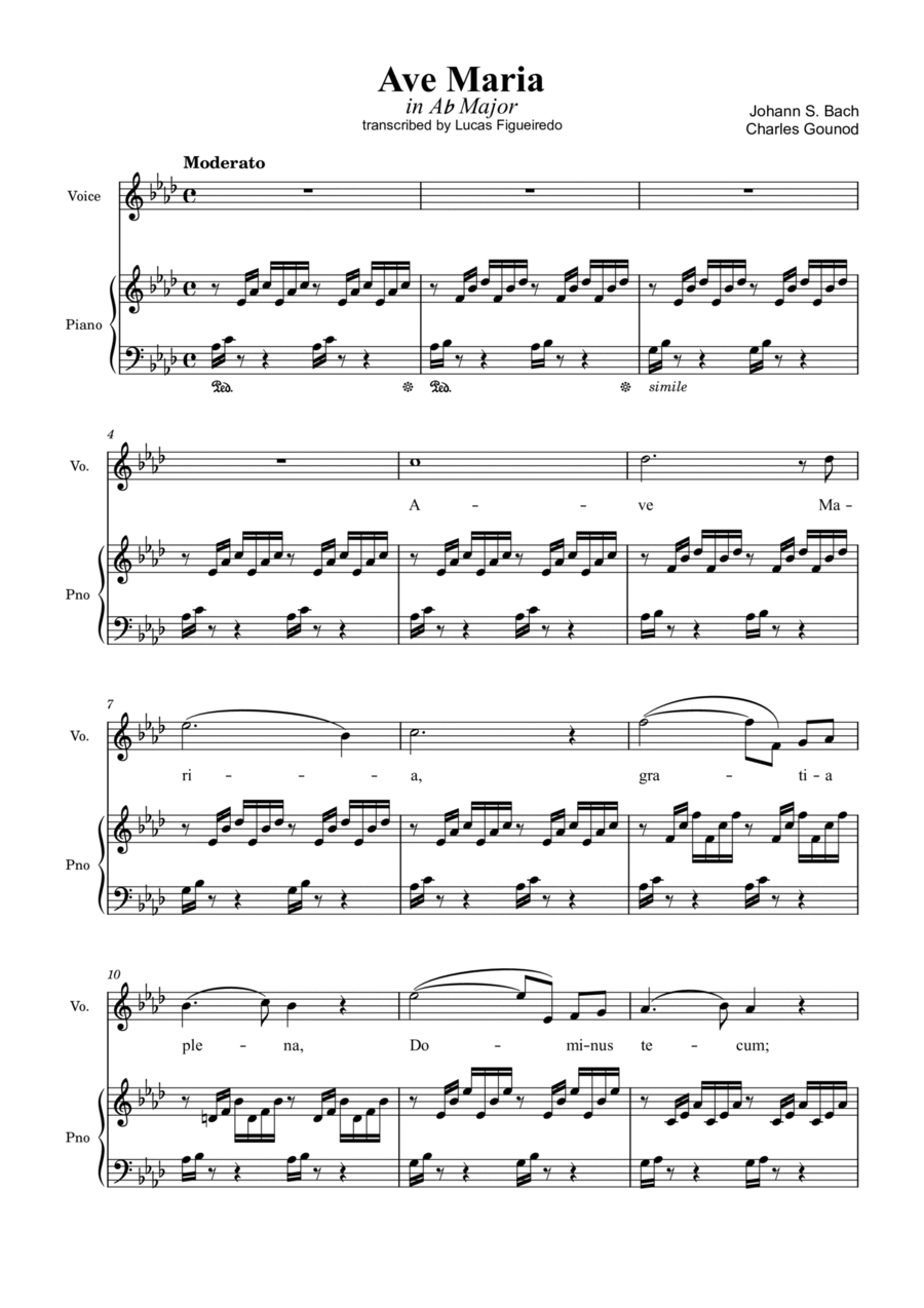 Ave Maria (Bach-Gounod) in Ab Major for Piano and Voice