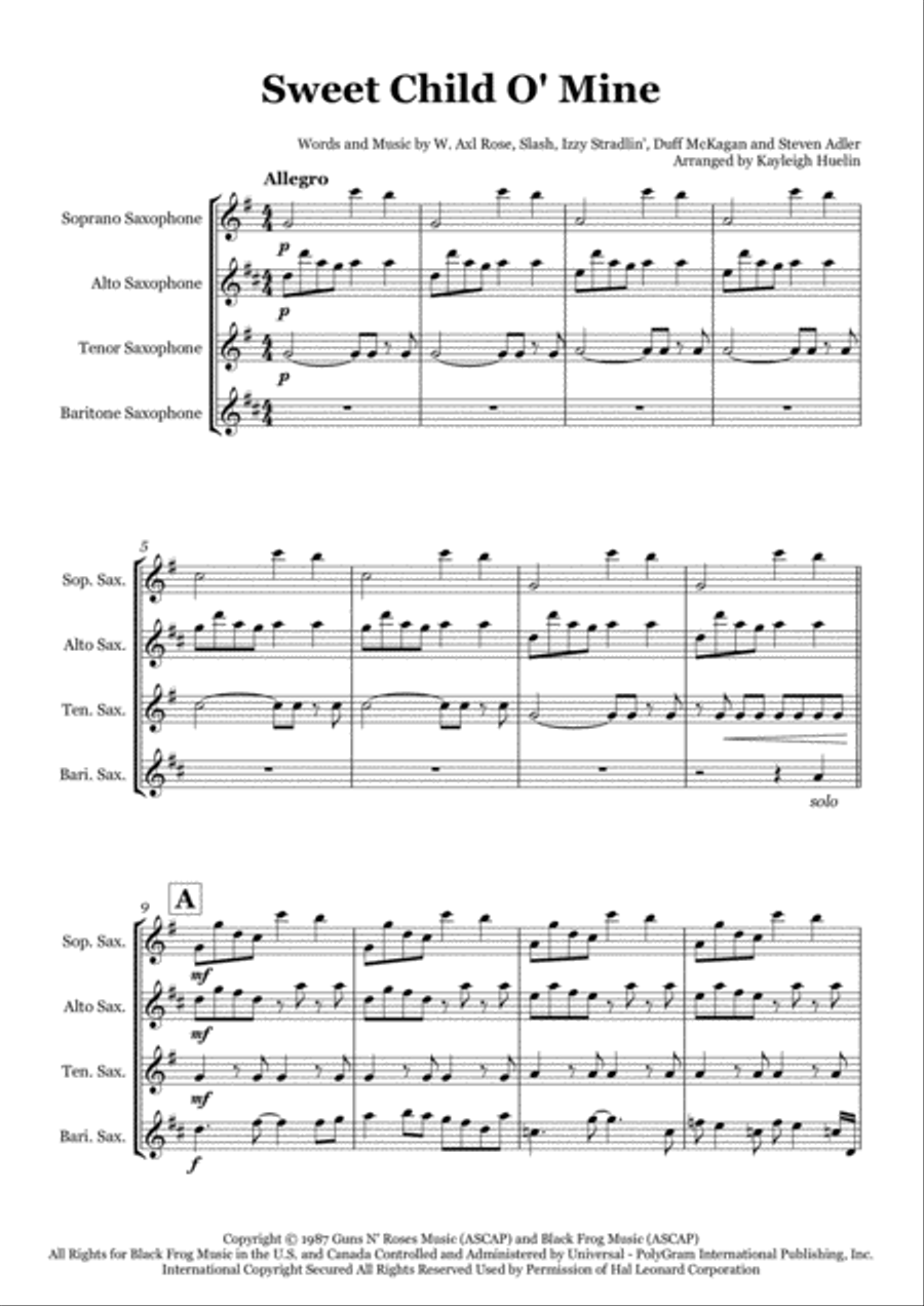 Sweet Child O' Mine Saxophone Quartet scores gallery preview page 1
