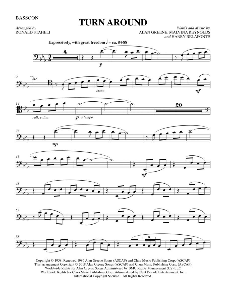 Turn Around (arr. Ronald Staheli) - Bassoon Choir scores gallery preview page 1