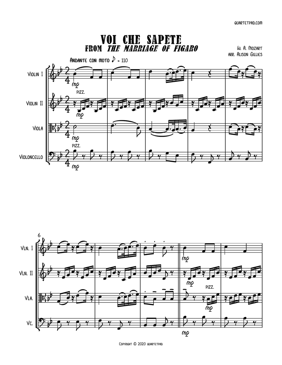 Voi Che Sapete from THE MARRIAGE OF FIGARO - String Quartet String Quartet scores gallery preview page 1