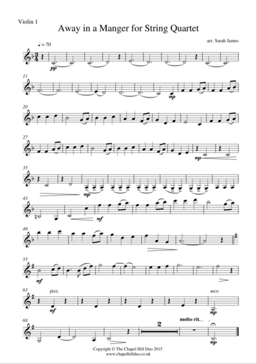 Away in a Manger for String Quartet - Full Length Carol Arrangement by the Chapel Hill Duo String Quartet scores gallery preview page 2