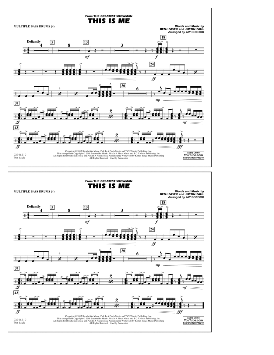 This Is Me (from The Greatest Showman) - Multiple Bass Drums Drums scores gallery preview page 1